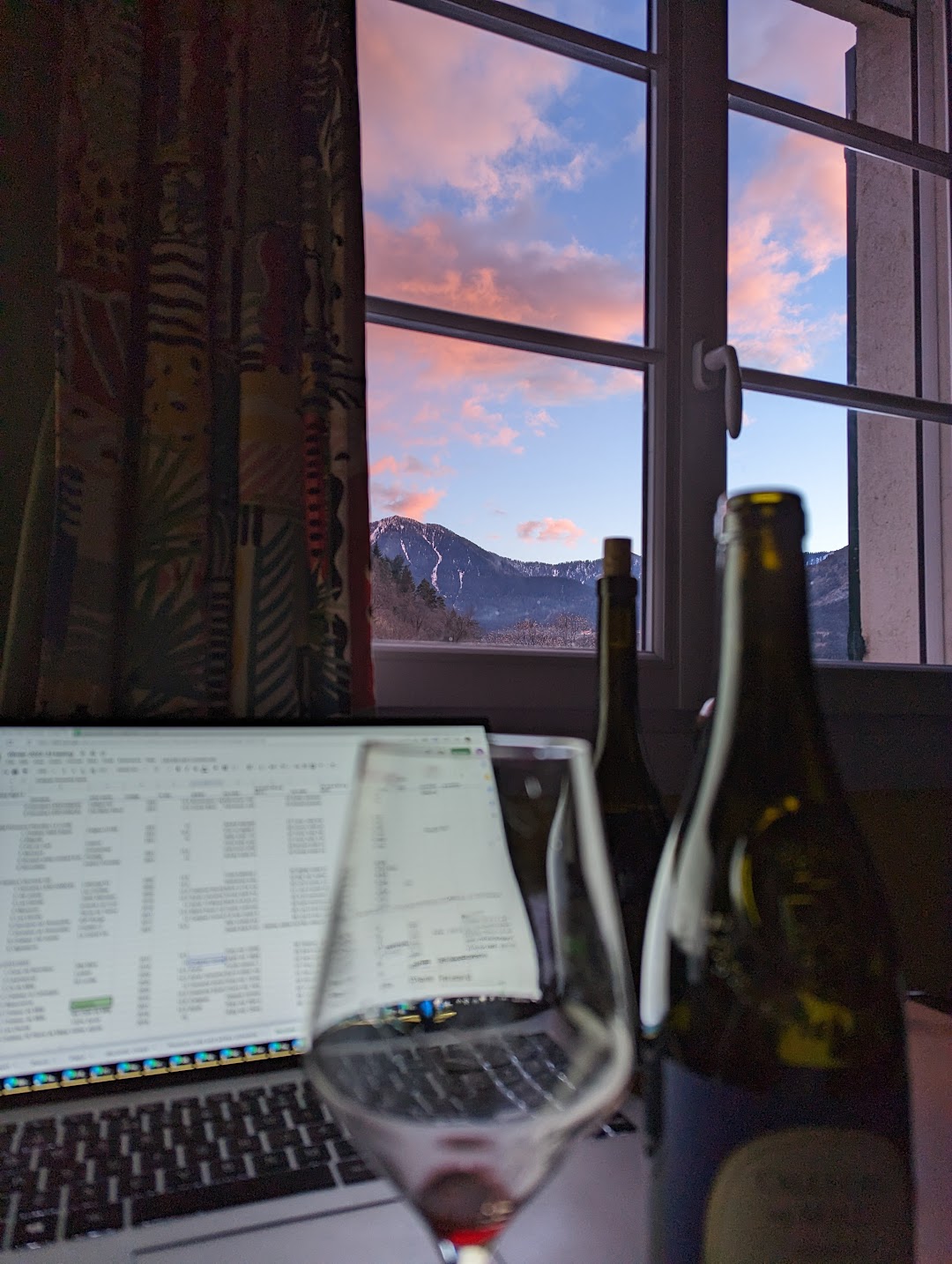 Wine tasting with a sunset in the background and a laptop showing a spreadsheet
